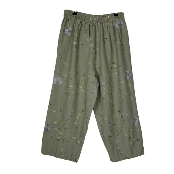 American Vintage Pants - Vintage Pull On Linen Floral‎ Embroidered Wide Leg Cropped Pant Size M Green